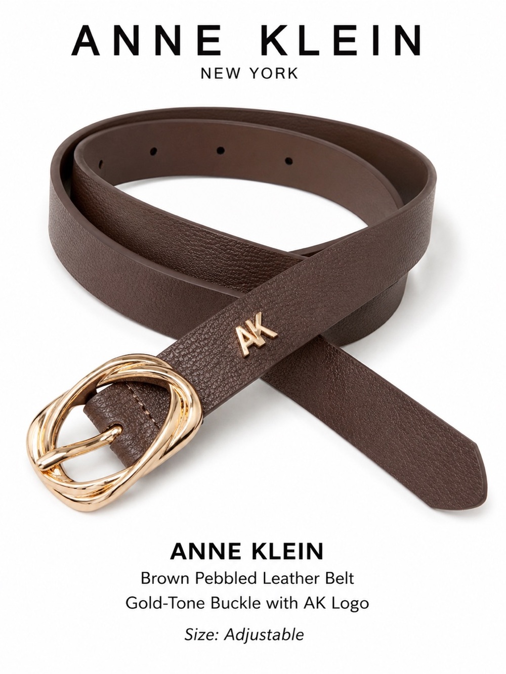 Anne Klein AK Brown Faux Leather Belt Gold Twist Buckle Women’s